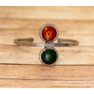 7 inch, Vintage Red Light Green Light Metal & Glass Cuff Bracelet - X22